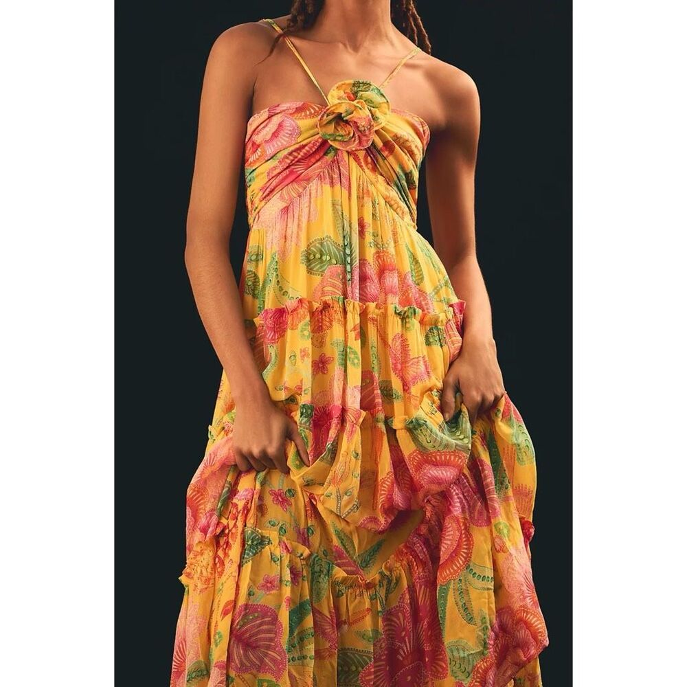 Farm Rio Macaw Bloom Tiered Maxi Dress Yellow Floral XS - Picture 4 of 16